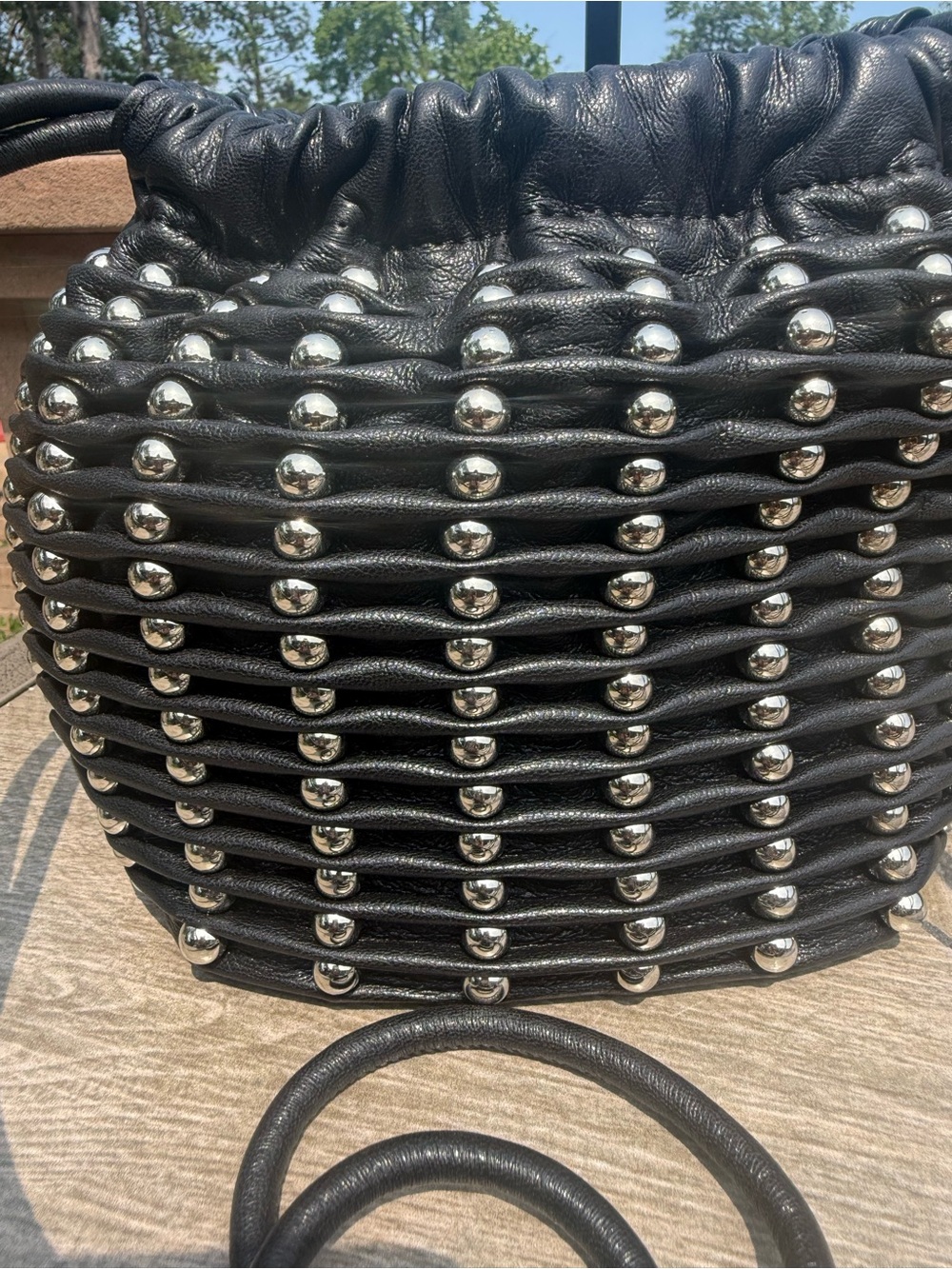 EUC Zara Ball Studded Drawstring Bucket Bag Softest Leather Feel Black Silver - Picture 3 of 9